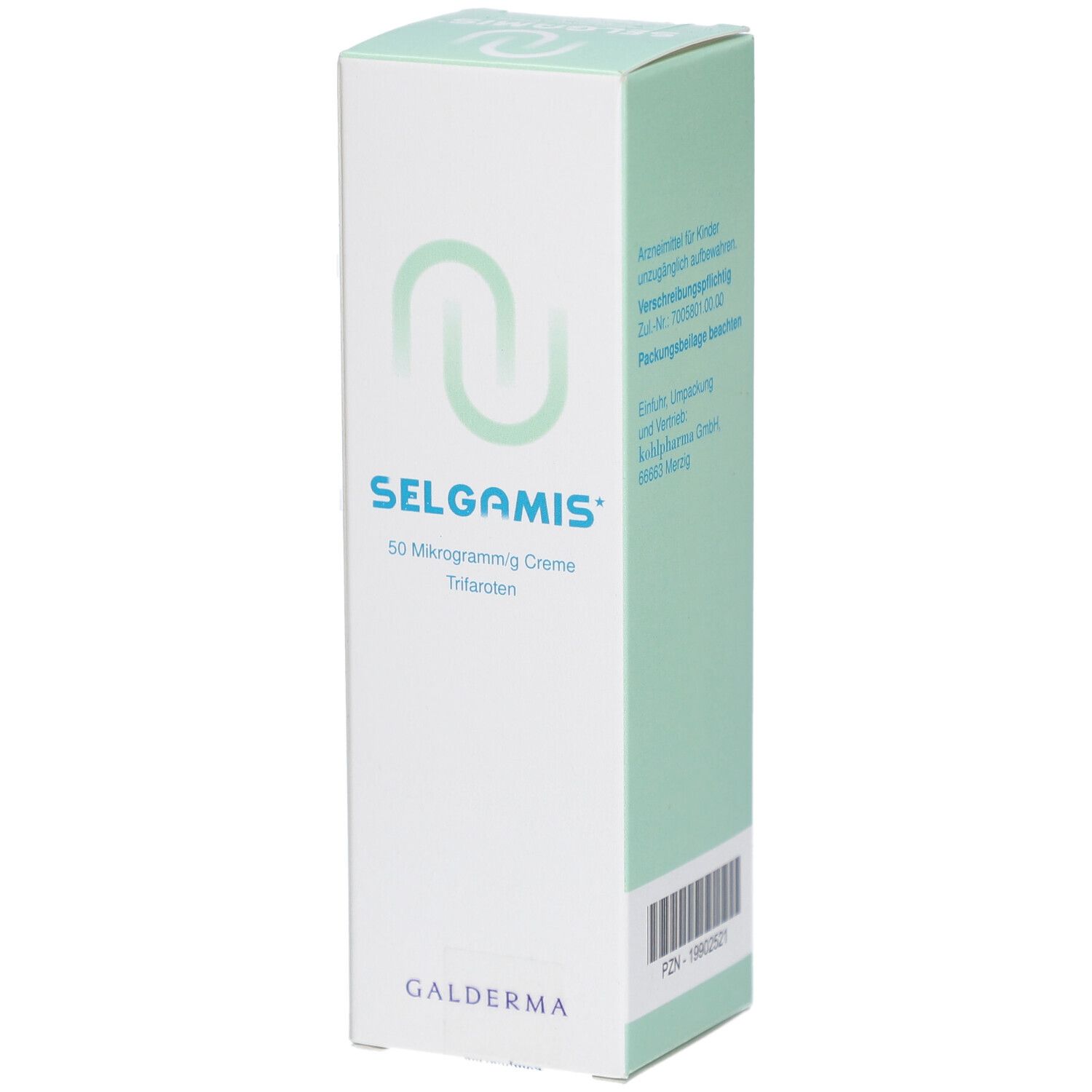 Vorderseite der SELGAMIS Creme Verpackung. Weißer Karton mit grünem Logo und Schriftzug. Enthält 75 g Creme.