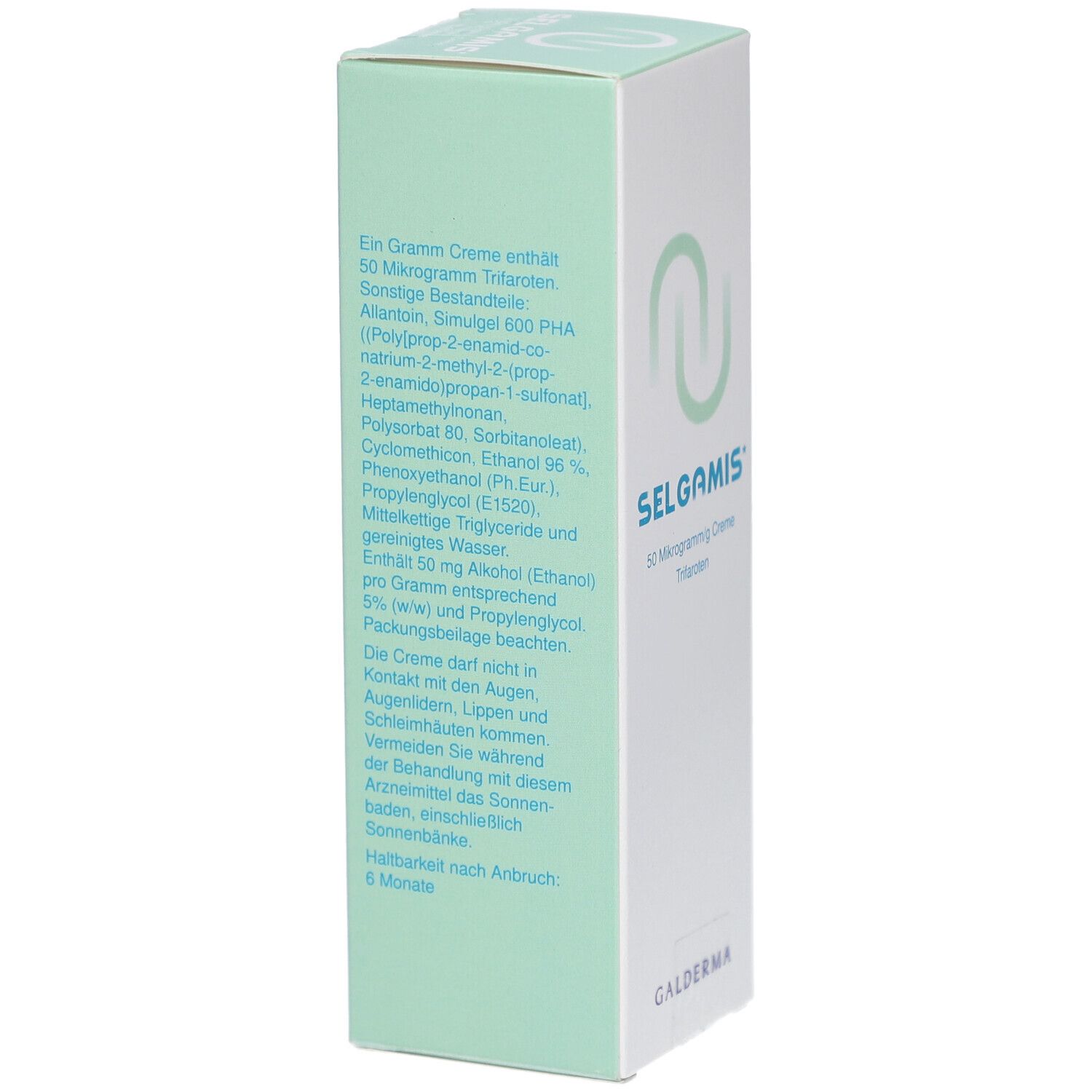 Seite der SELGAMIS Creme Verpackung. Enthält Inhaltsstoffe und Warnhinweise. Hersteller: Galderma.