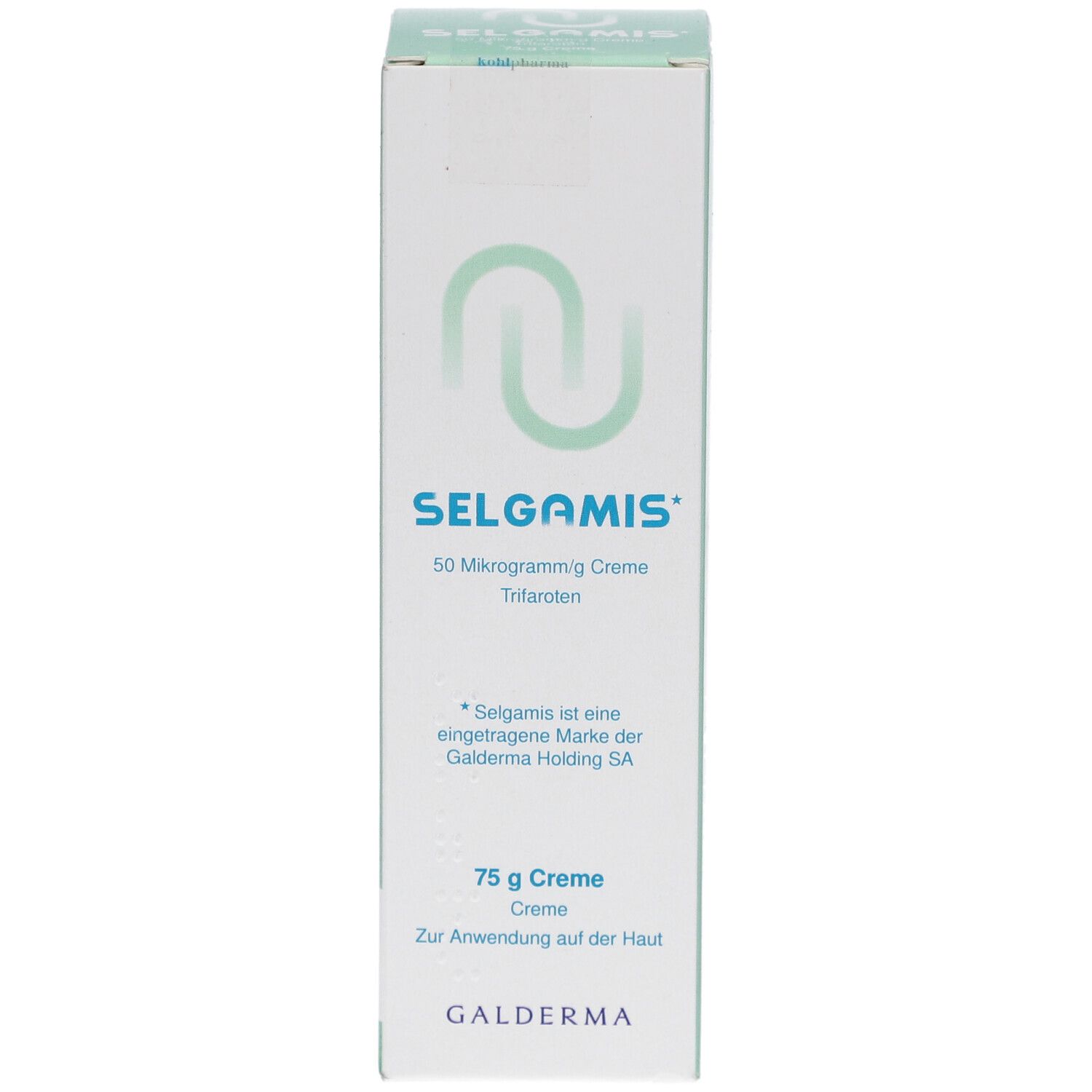Vorderseite der SELGAMIS Creme Verpackung. Weißer Karton mit grünem Logo und Schriftzug. Enthält 75 g Creme.