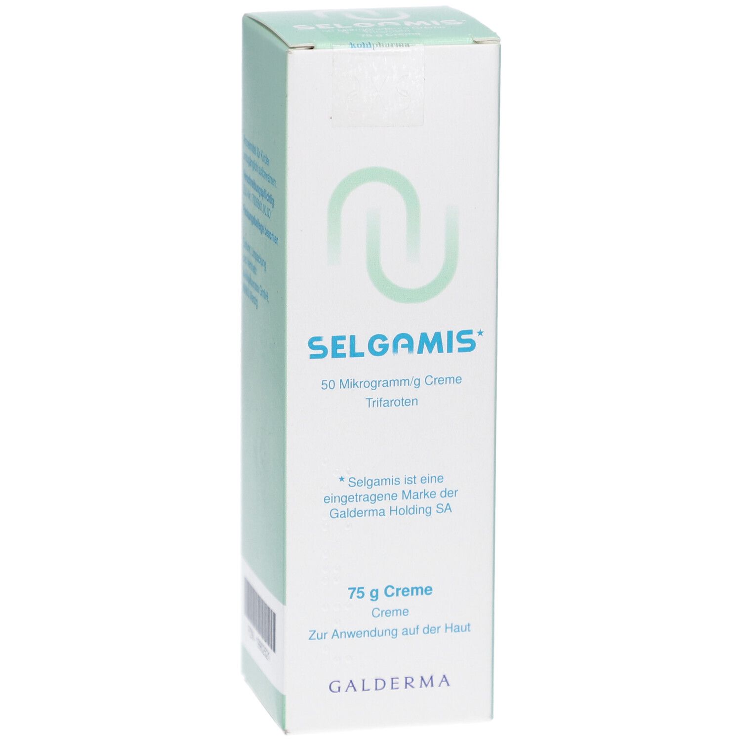 Vorderseite der SELGAMIS Creme Verpackung. Weißer Karton mit grünem Logo und Schriftzug. Enthält 75 g Creme.
