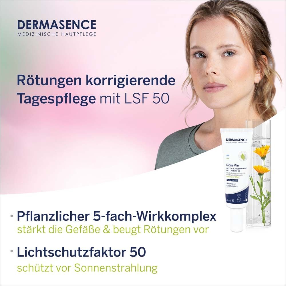 Produktabbildung mit Text. DERMASENCE RosaMin Getönte Tagespflege hell mit LSF 50. Text: Rötungen korrigierende Tagespflege.