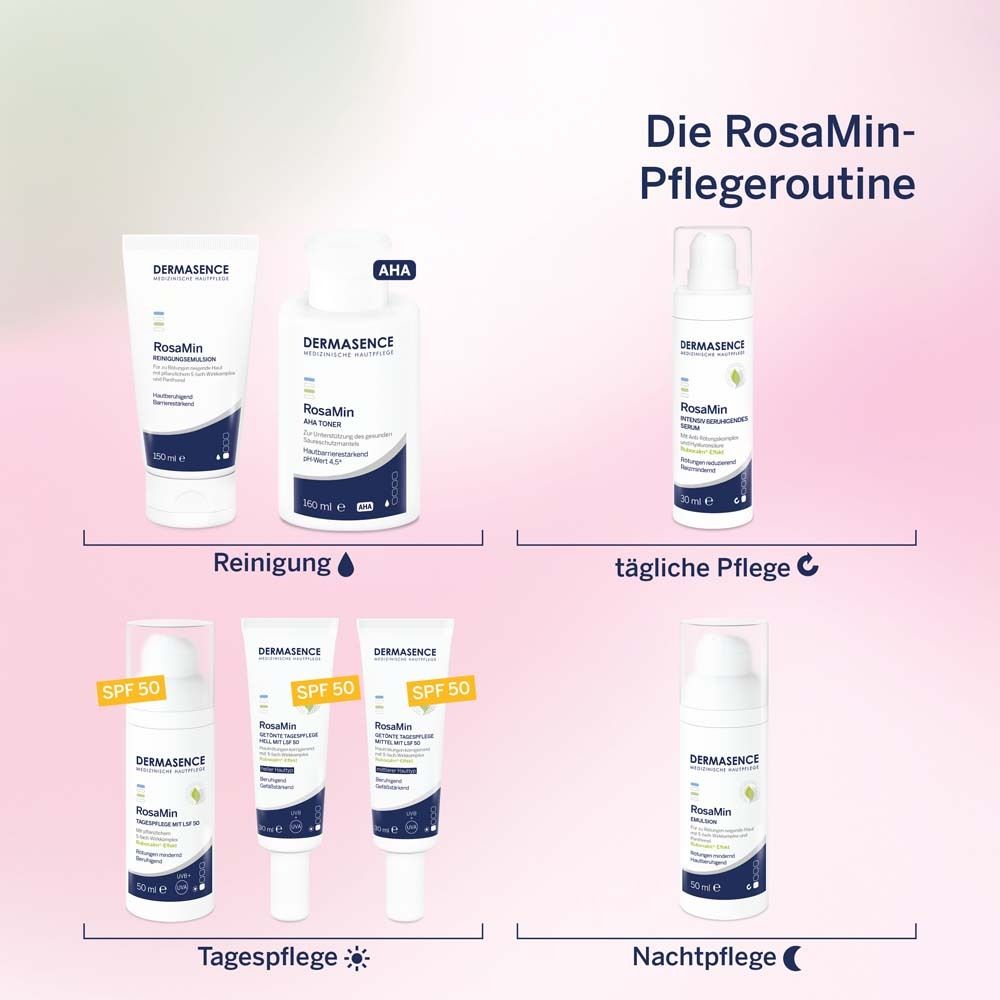 Verschiedene DERMASENCE RosaMin Produkte. Reinigung, Tagespflege, Nachtpflege. Alle mit Logo und Produktnamen.