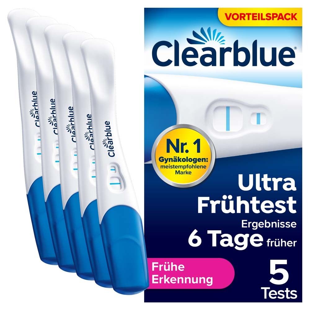 Packung mit 5 Clearblue Schwangerschaftstests. Tests und Verpackung zeigen Ergebnisse und Produktnamen.