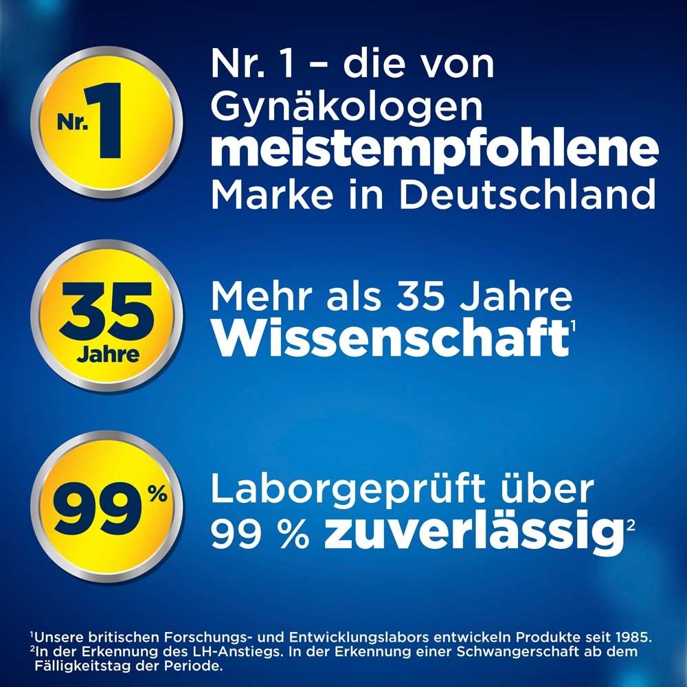 Grafik mit Informationen zu Clearblue. Nr. 1 Marke, 35 Jahre Wissenschaft, 99% zuverlässig.