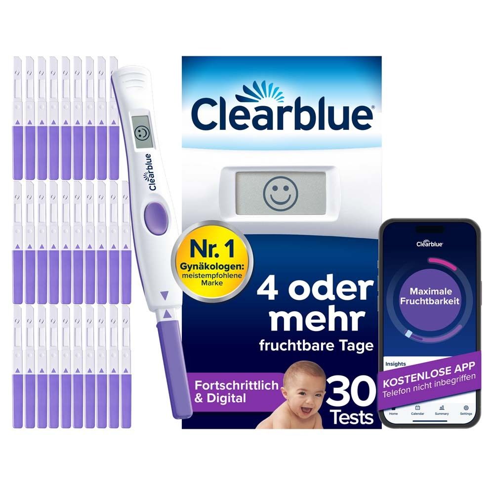 Ovulationstest und digitale Anzeige. Packung mit 30 Tests, App-Informationen und Clearblue-Logo.