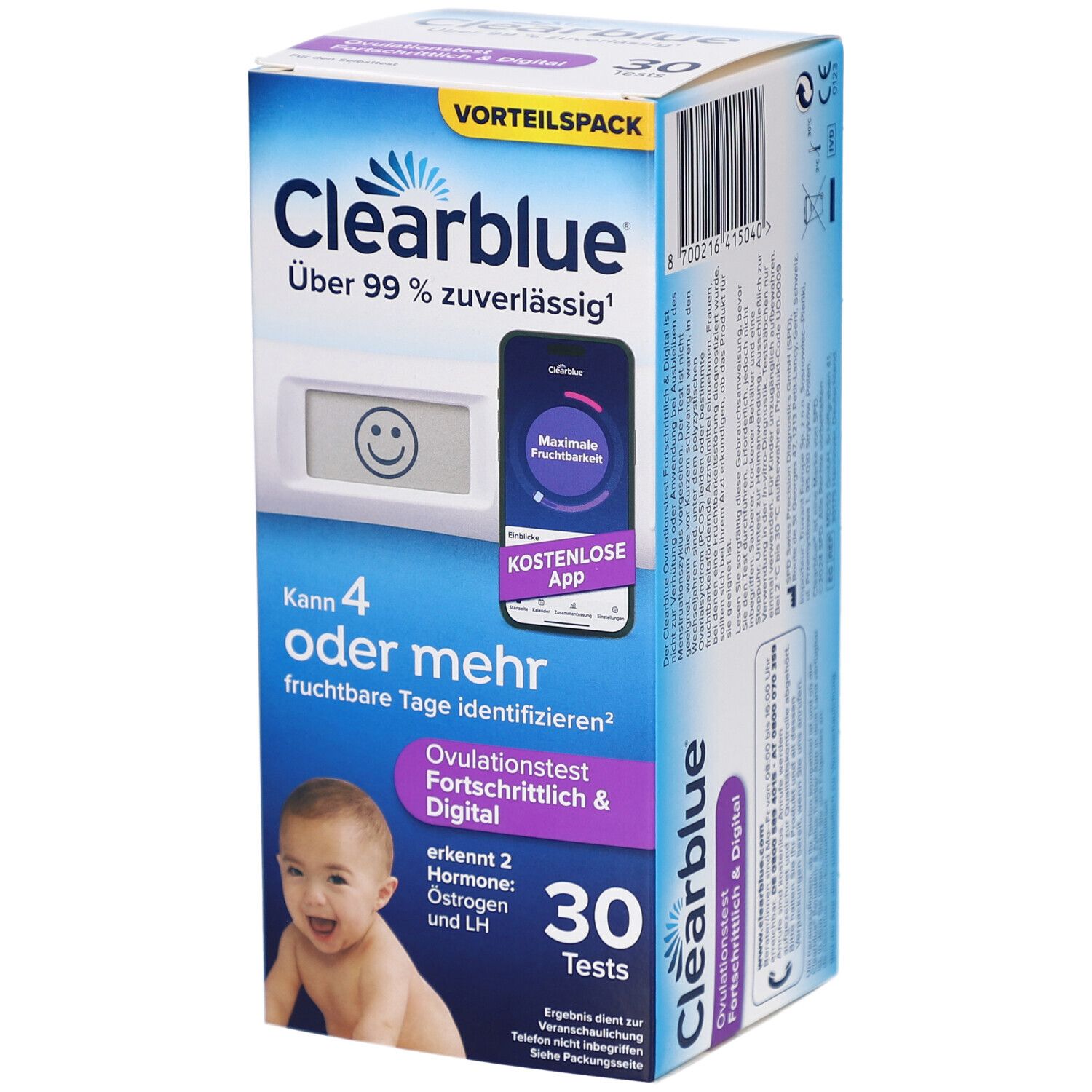 Verpackung Clearblue Ovulationstest. Enthält 30 Tests. Zeigt ein digitales Testgerät und eine App-Illustration. Baby-Foto.