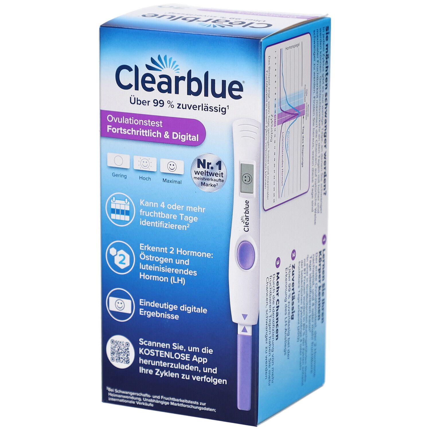 Clearblue Ovulationstest, digital. Weißes Testgerät mit Display. Lila Akzente. Nr. 1 weltweit.
