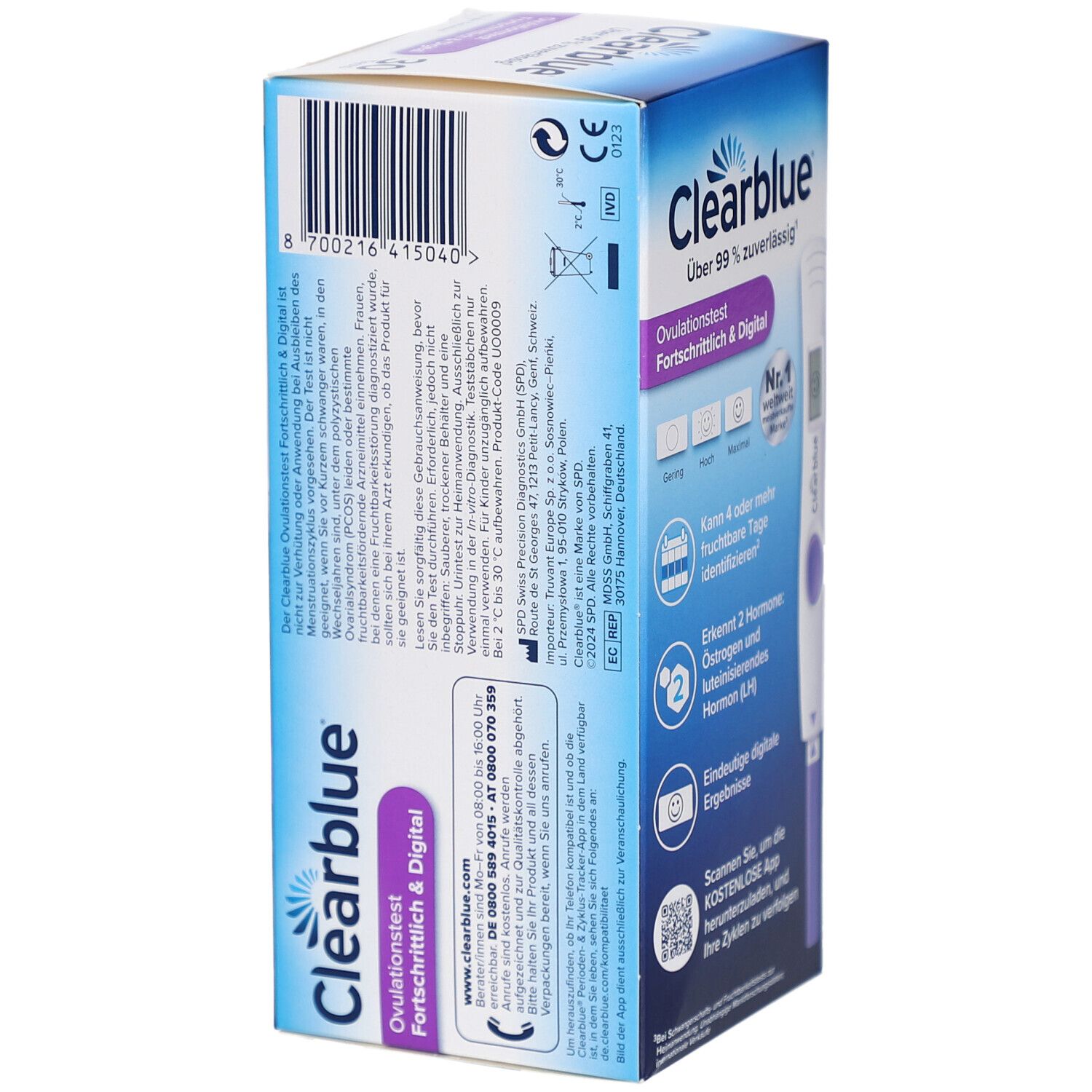 Verpackung Clearblue Ovulationstest. Rückseite mit Produktinformationen und Barcode.
