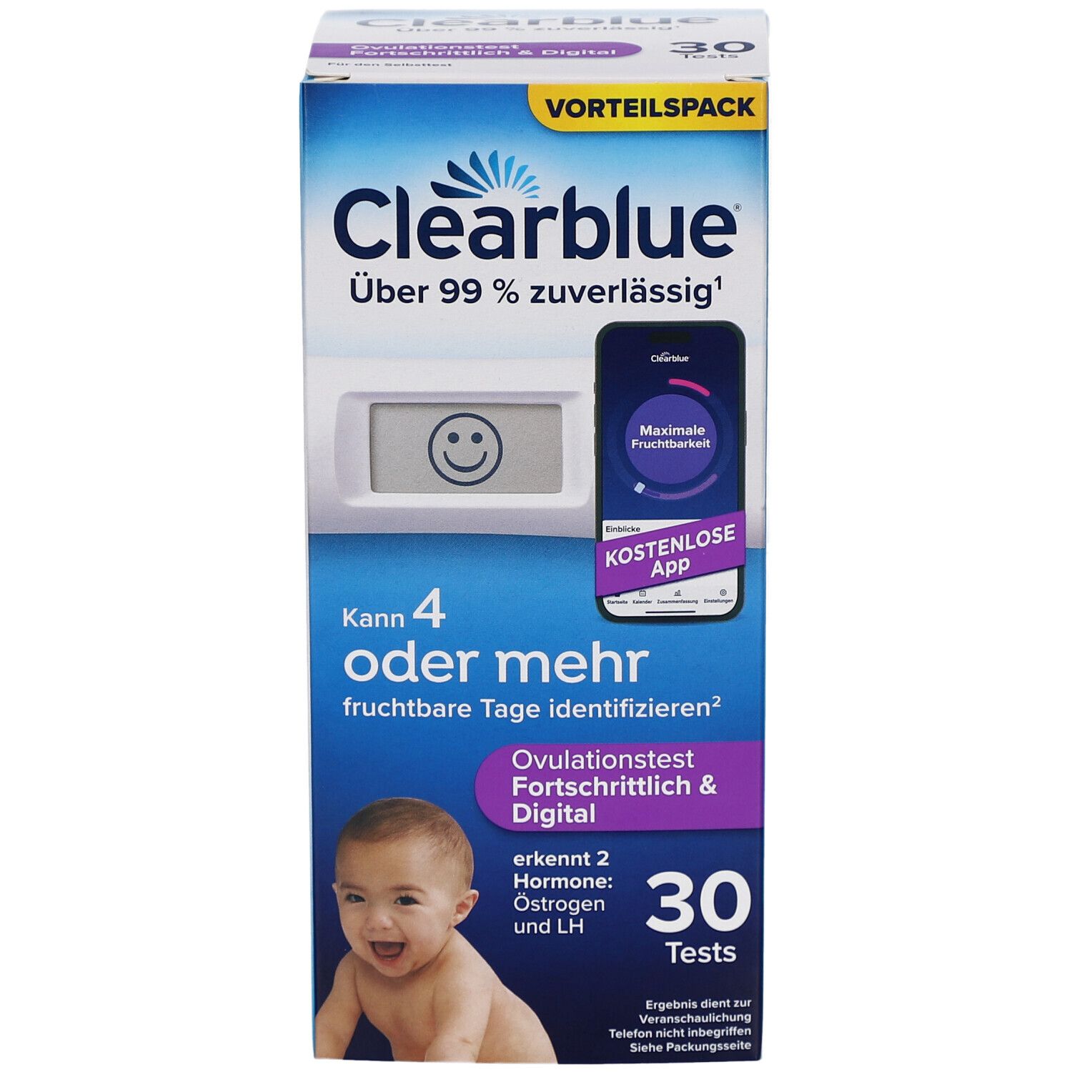 Verpackung Clearblue Ovulationstest. Enthält 30 Tests. Zeigt ein digitales Testgerät und eine App-Illustration. Baby-Foto.