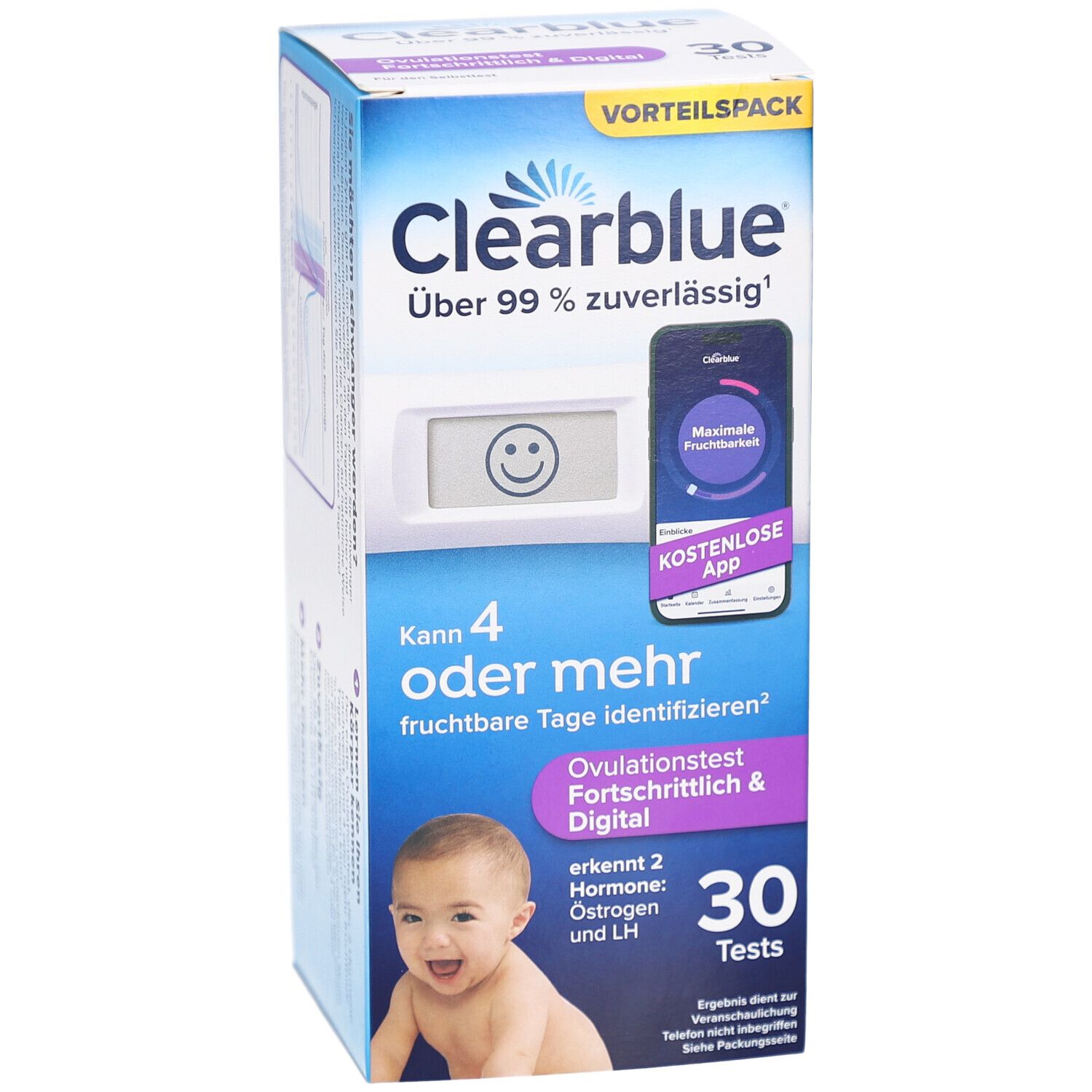 Verpackung Clearblue Ovulationstest. Enthält 30 Tests. Zeigt ein digitales Testgerät und eine App-Illustration. Baby-Foto.