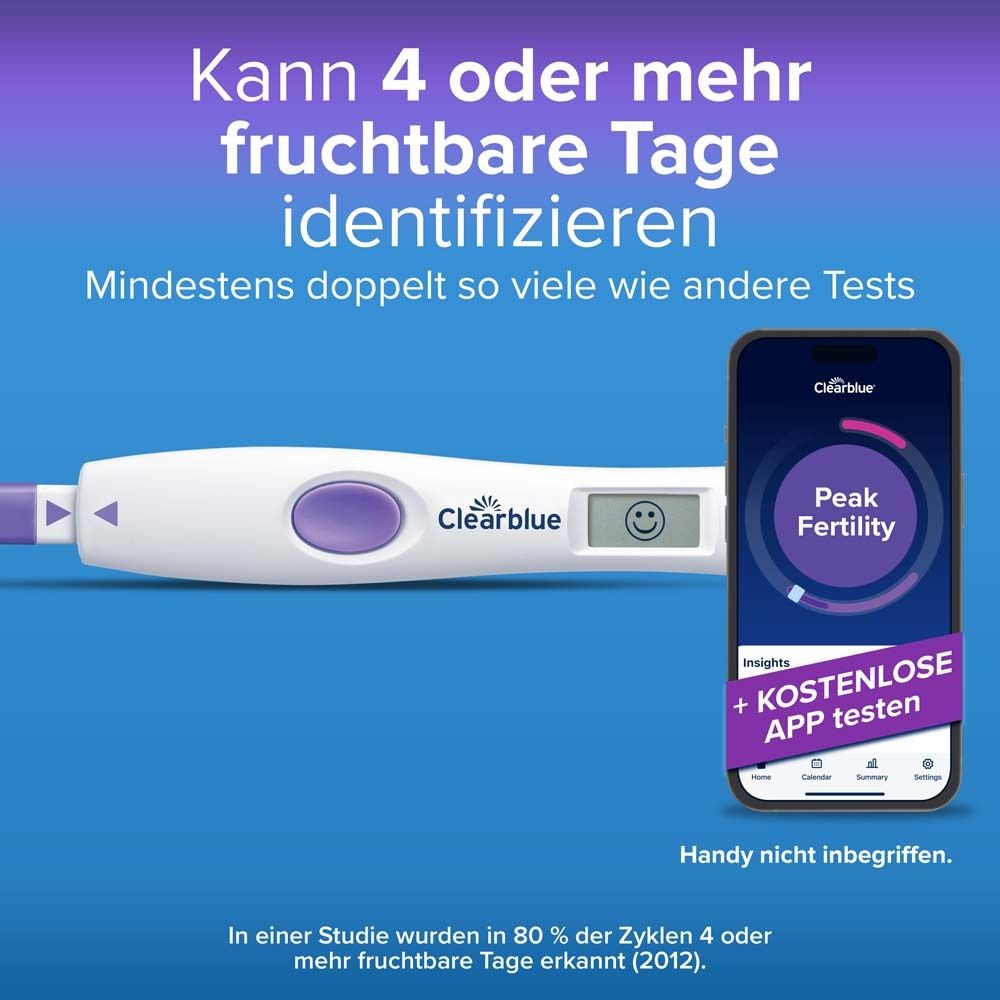 Digitaler Ovulationstest mit App-Anzeige. Text: Kann 4 oder mehr fruchtbare Tage identifizieren.