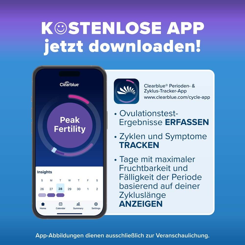 Smartphone mit App-Anzeige. Text: KOSTENLOSE APP jetzt downloaden! Clearblue-Logo.