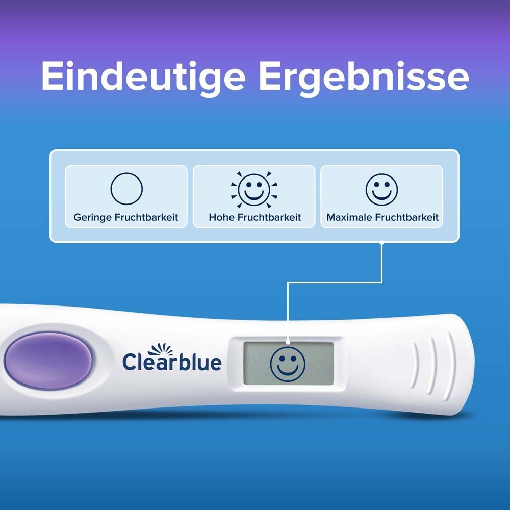 Digitaler Ovulationstest mit Ergebnisanzeige. Text: Eindeutige Ergebnisse.