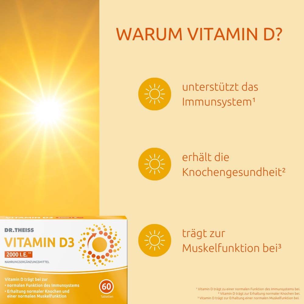 Gelber Hintergrund mit Sonne und Text: Warum Vitamin D? Unterstützt Immunsystem, Knochengesundheit, Muskelfunktion.