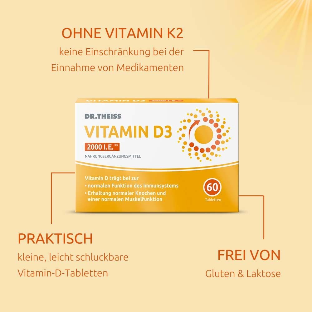 Gelber Hintergrund mit Text: Ohne Vitamin K2, praktisch, frei von Gluten & Laktose. Packung DR.THEISS Vitamin D3.