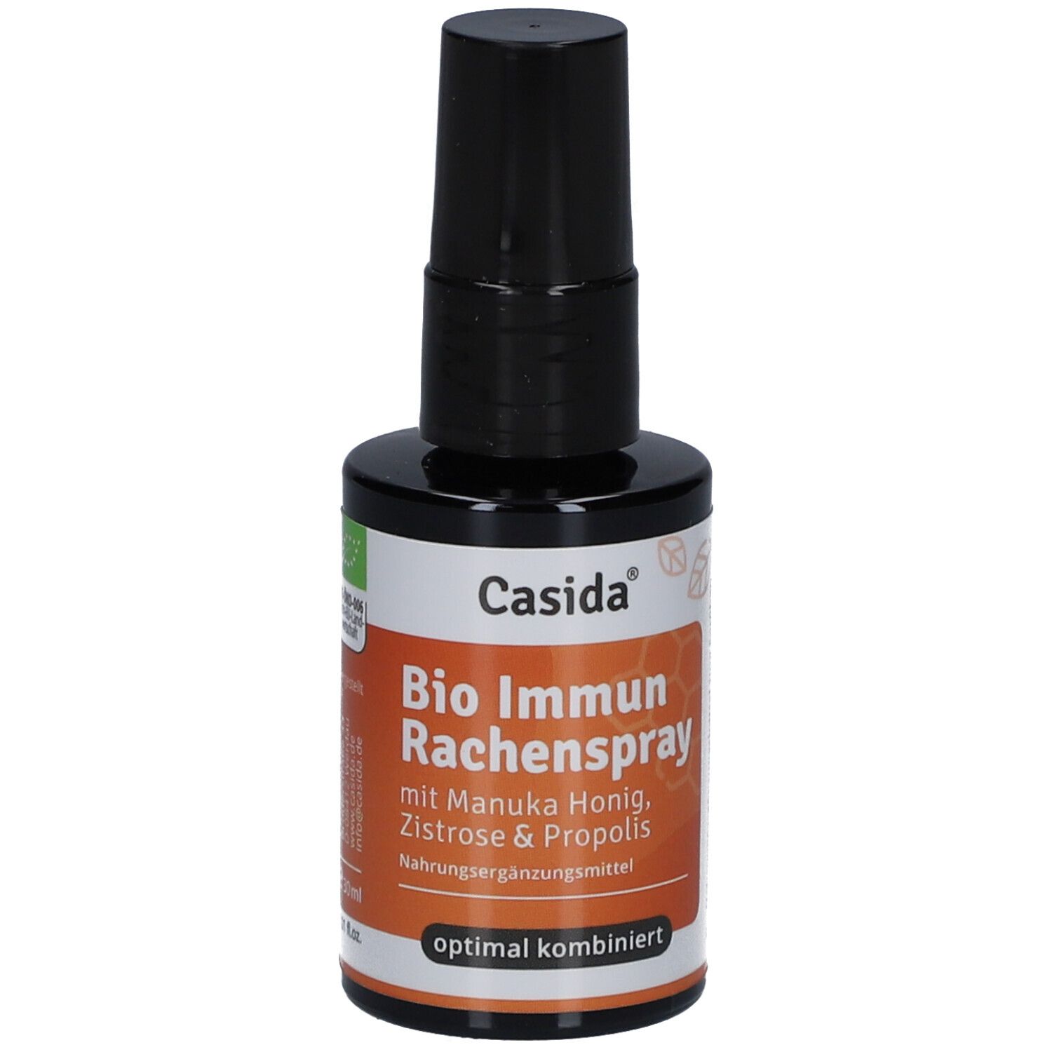Casida Bio Immun Rachenspray. Flasche mit schwarzem Sprühkopf. Enthält Manuka Honig, Zistrose & Propolis. Nahrungsergänzungsmittel.
