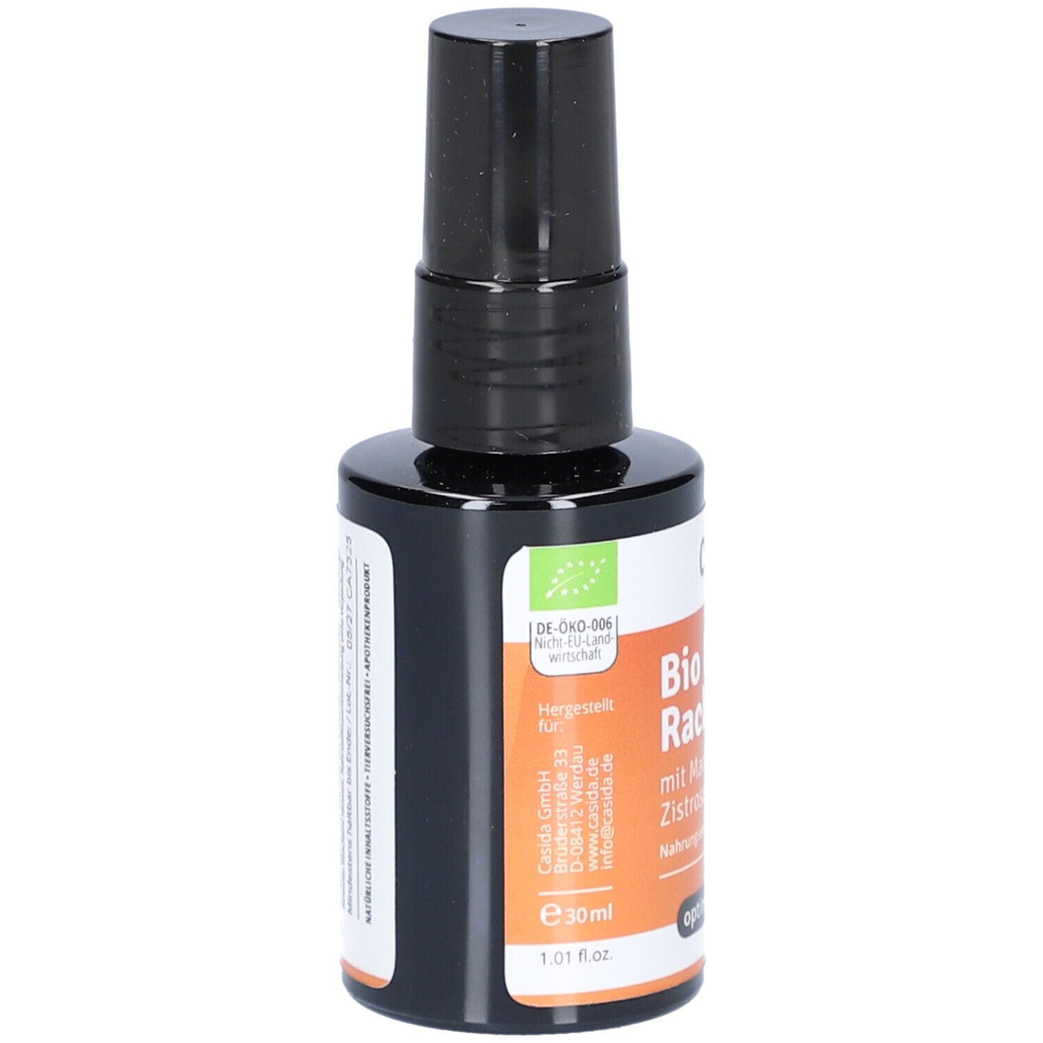 Casida Bio Immun Rachenspray. Flasche mit schwarzem Sprühkopf. Enthält Manuka Honig, Zistrose & Propolis. 30ml, 1.01 fl.oz.