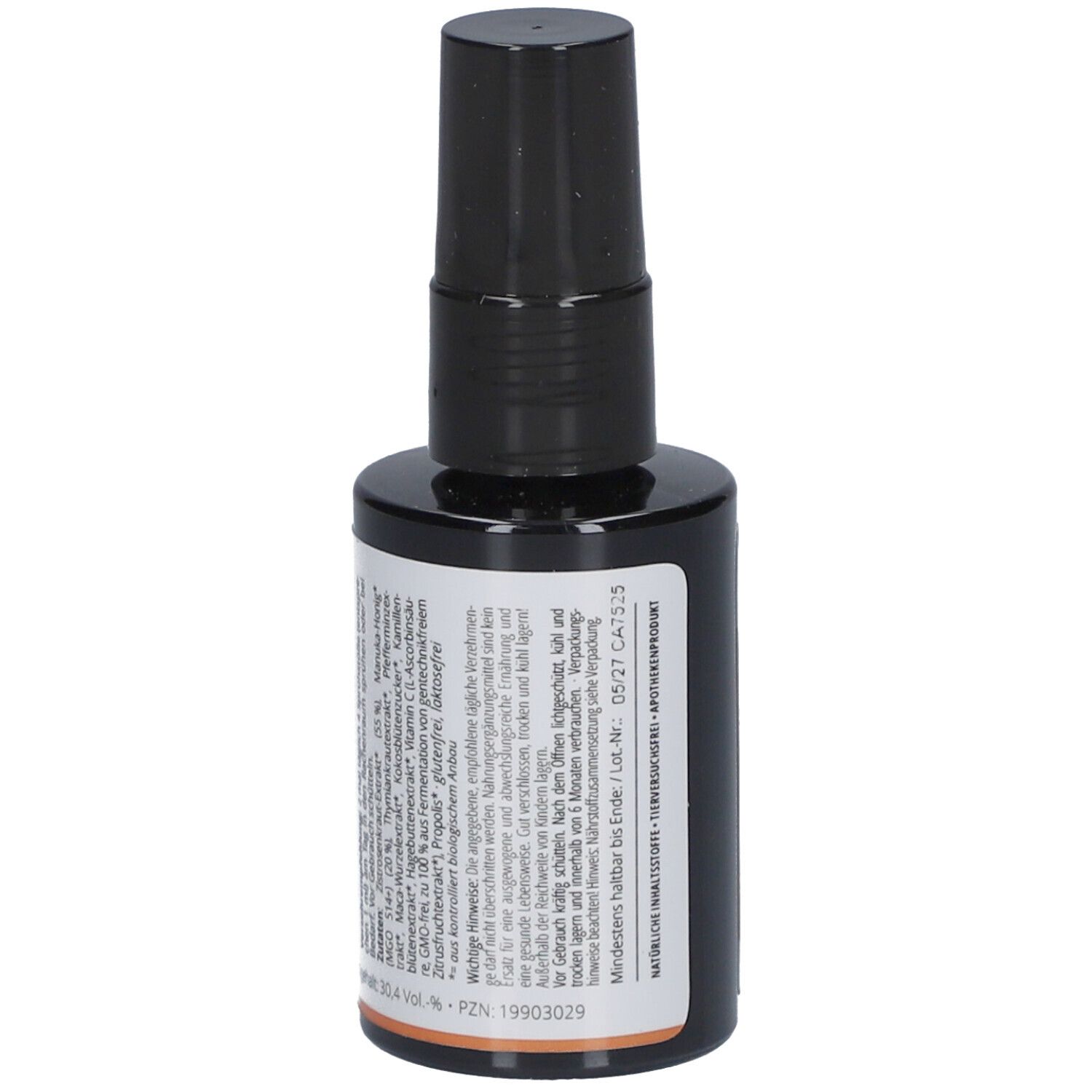 Casida Bio Immun Rachenspray. Flasche mit schwarzem Sprühkopf. Rückseite mit Text. Enthält Manuka Honig, Zistrose & Propolis.
