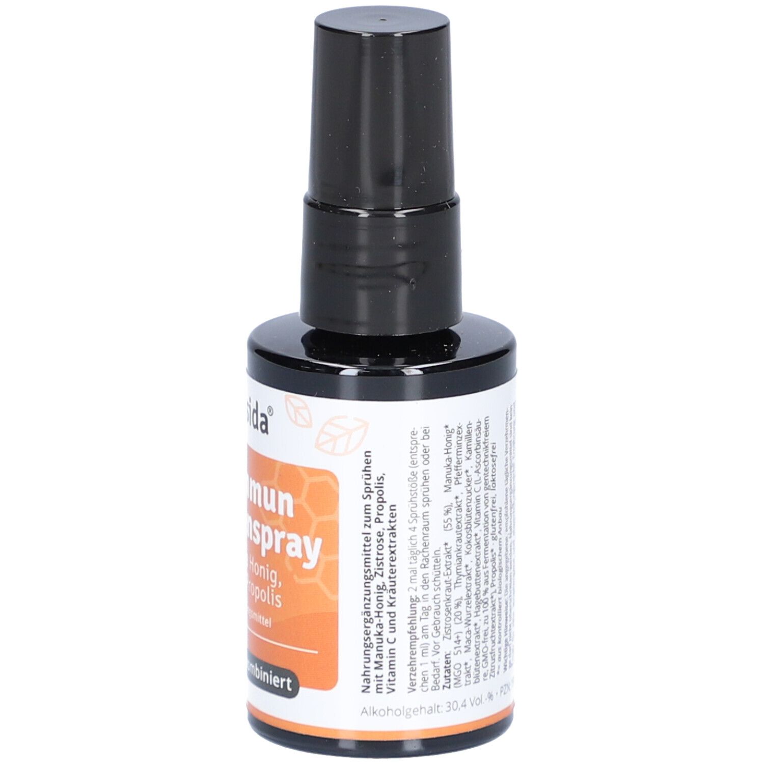 Casida Bio Immun Rachenspray. Flasche mit schwarzem Sprühkopf. Enthält Manuka Honig, Zistrose & Propolis. Nahrungsergänzungsmittel.