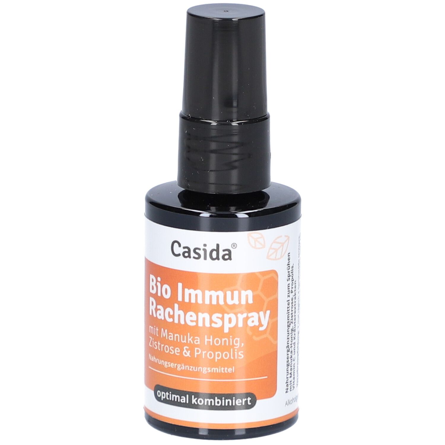 Casida Bio Immun Rachenspray. Flasche mit schwarzem Sprühkopf. Enthält Manuka Honig, Zistrose & Propolis. Nahrungsergänzungsmittel.