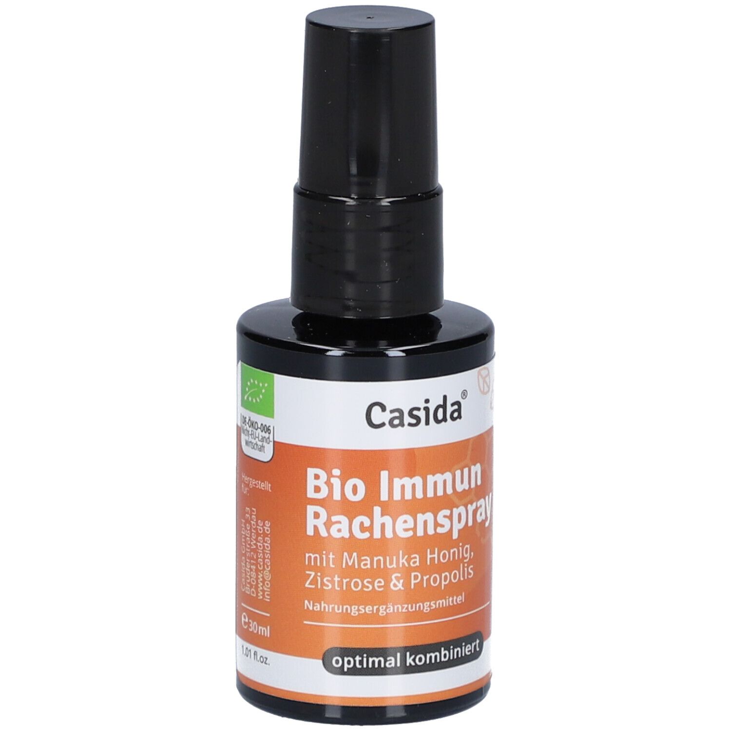 Casida Bio Immun Rachenspray. Flasche mit schwarzem Sprühkopf. Enthält Manuka Honig, Zistrose & Propolis. Nahrungsergänzungsmittel.