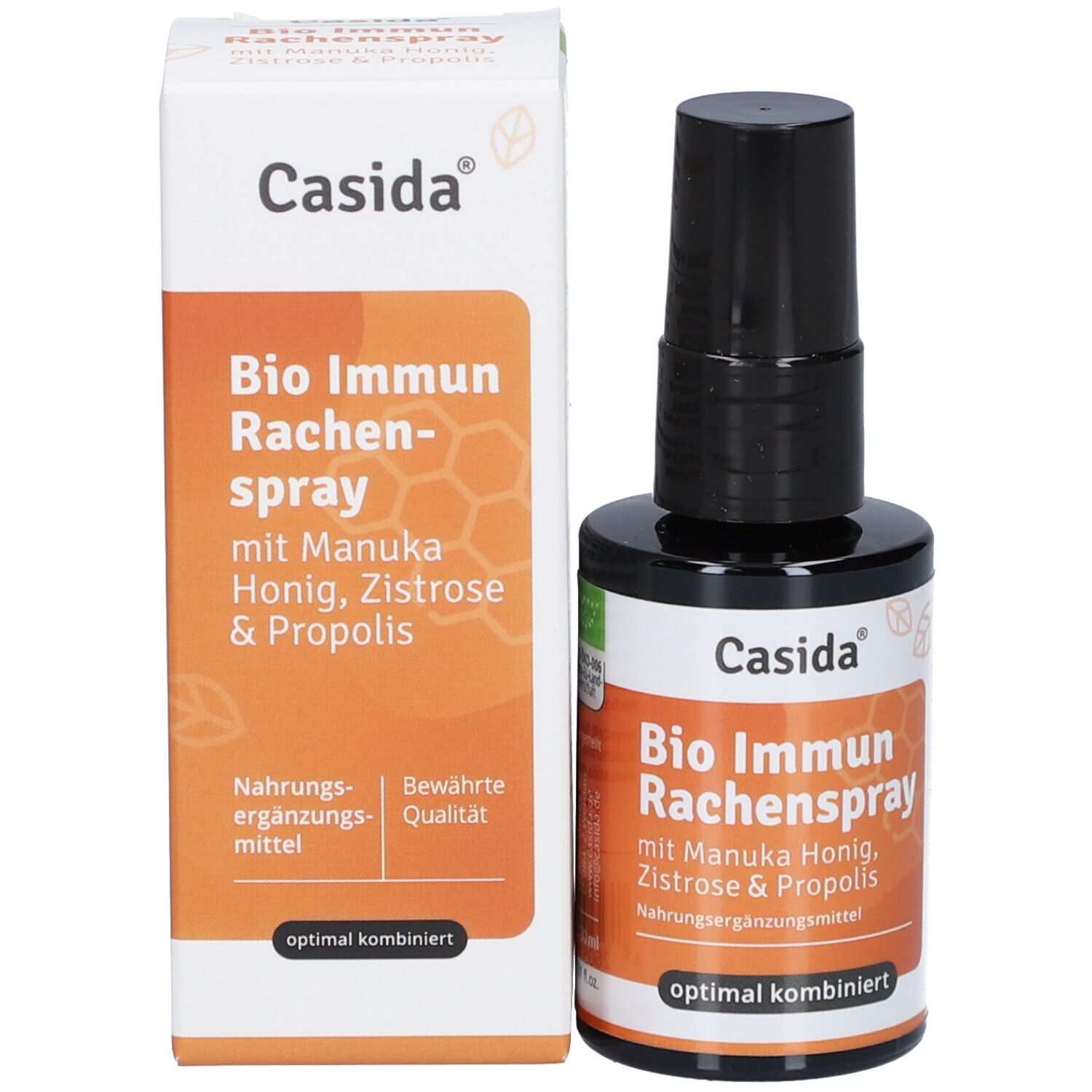 Casida Bio Immun Rachenspray und Verpackung. Enthält Manuka Honig, Zistrose & Propolis. Nahrungsergänzungsmittel. Bewährte Qualität.