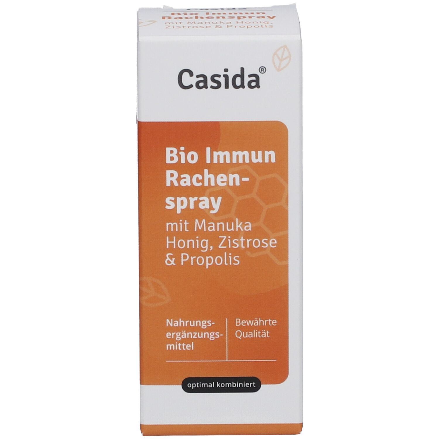 Verpackung von Casida Bio Immun Rachenspray. Enthält Manuka Honig, Zistrose & Propolis. Nahrungsergänzungsmittel. Bewährte Qualität.