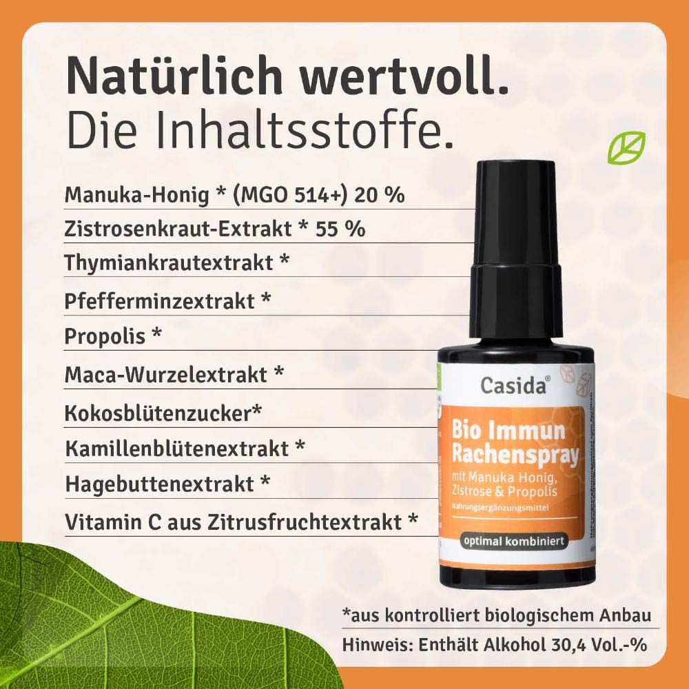 Zutatenliste und Flasche. Enthält Manuka-Honig, Zistrosenkraut-Extrakt, Thymianextrakt, Propolis, etc. Marke: Casida. Produktname: Bio Immun Rachenspray.
