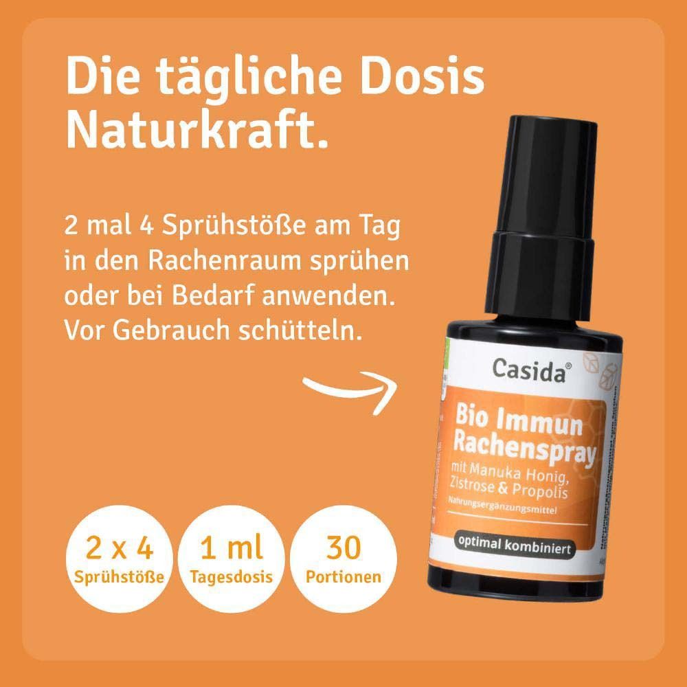 Produktflasche mit Text. Anwendung: 2x4 Sprühstöße täglich. Tagesdosis: 1 ml. 30 Portionen. Marke: Casida. Produktname: Bio Immun Rachenspray.