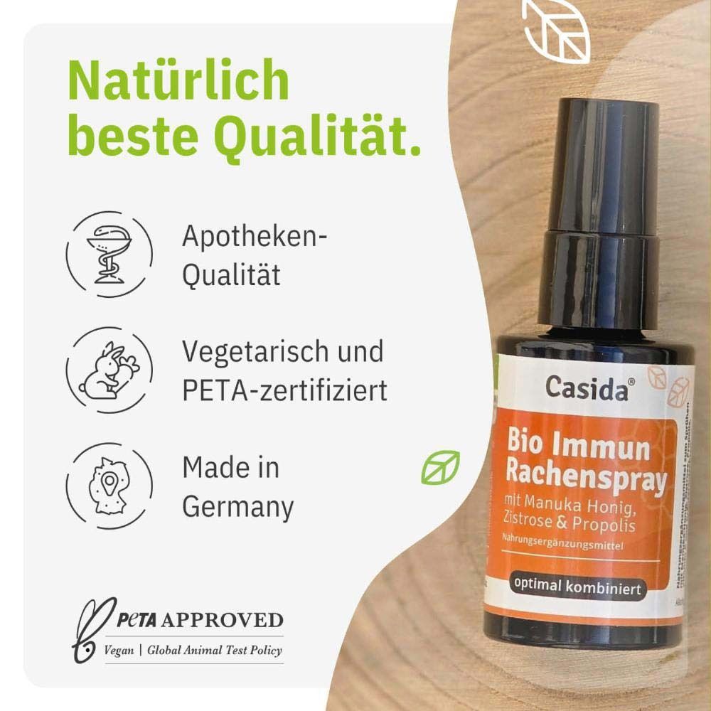 Produktflasche mit Text. Apotheken-Qualität, vegetarisch, PETA-zertifiziert, Made in Germany. Marke: Casida. Produktname: Bio Immun Rachenspray.