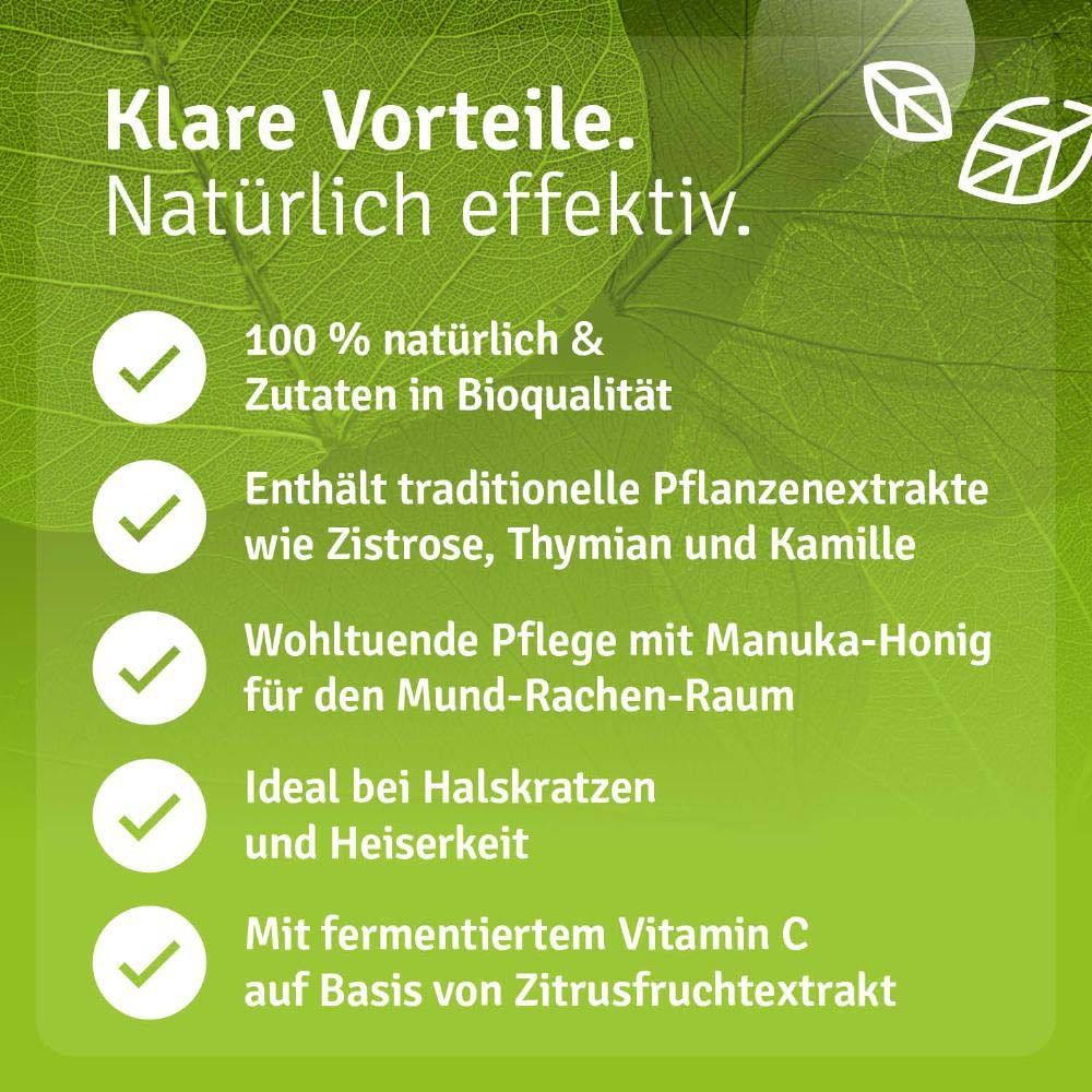 Produktflasche mit Text. 100% natürlich, Zutaten in Bioqualität. Enthält Pflanzenextrakte. Marke: Casida. Produktname: Bio Immun Rachenspray.