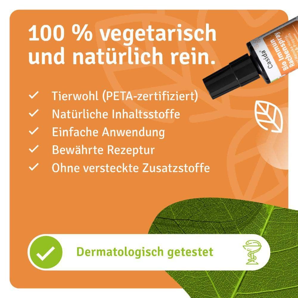 Produktflasche mit Text. 100% vegetarisch und natürlich rein. PETA-zertifiziert, natürliche Inhaltsstoffe. Marke: Casida. Produktname: Bio Immun Rachenspray.