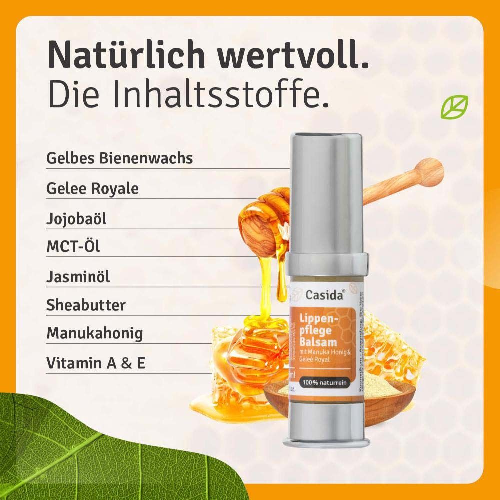 Inhaltsstoffe des Lippenbalsams. Gelbes Bienenwachs, Gelee Royal, Jojobaöl, MCT-Öl, Jasminöl, Sheabutter, Manukahonig, Vitamin A & E.