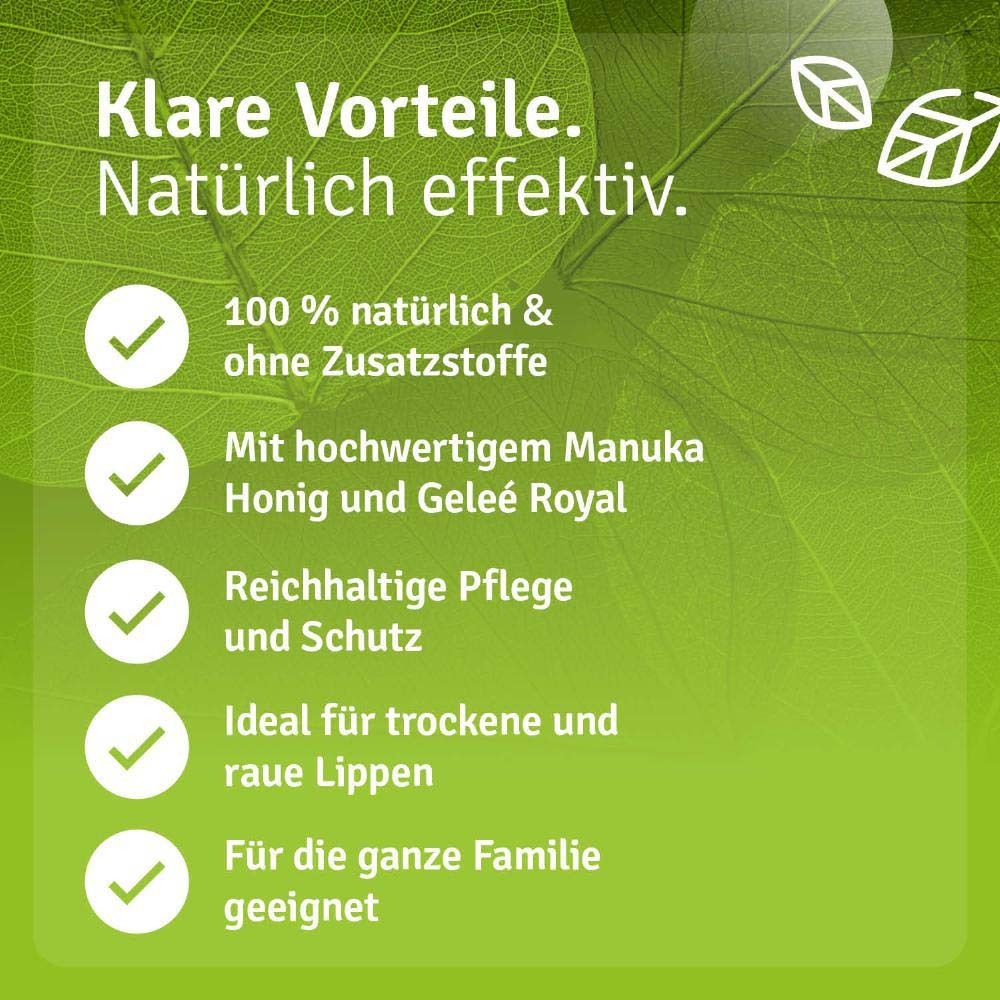 Vorteile des Lippenbalsams. 100% natürlich & ohne Zusatzstoffe. Mit hochwertigem Manuka Honig und Gelee Royal. Für die ganze Familie geeignet.