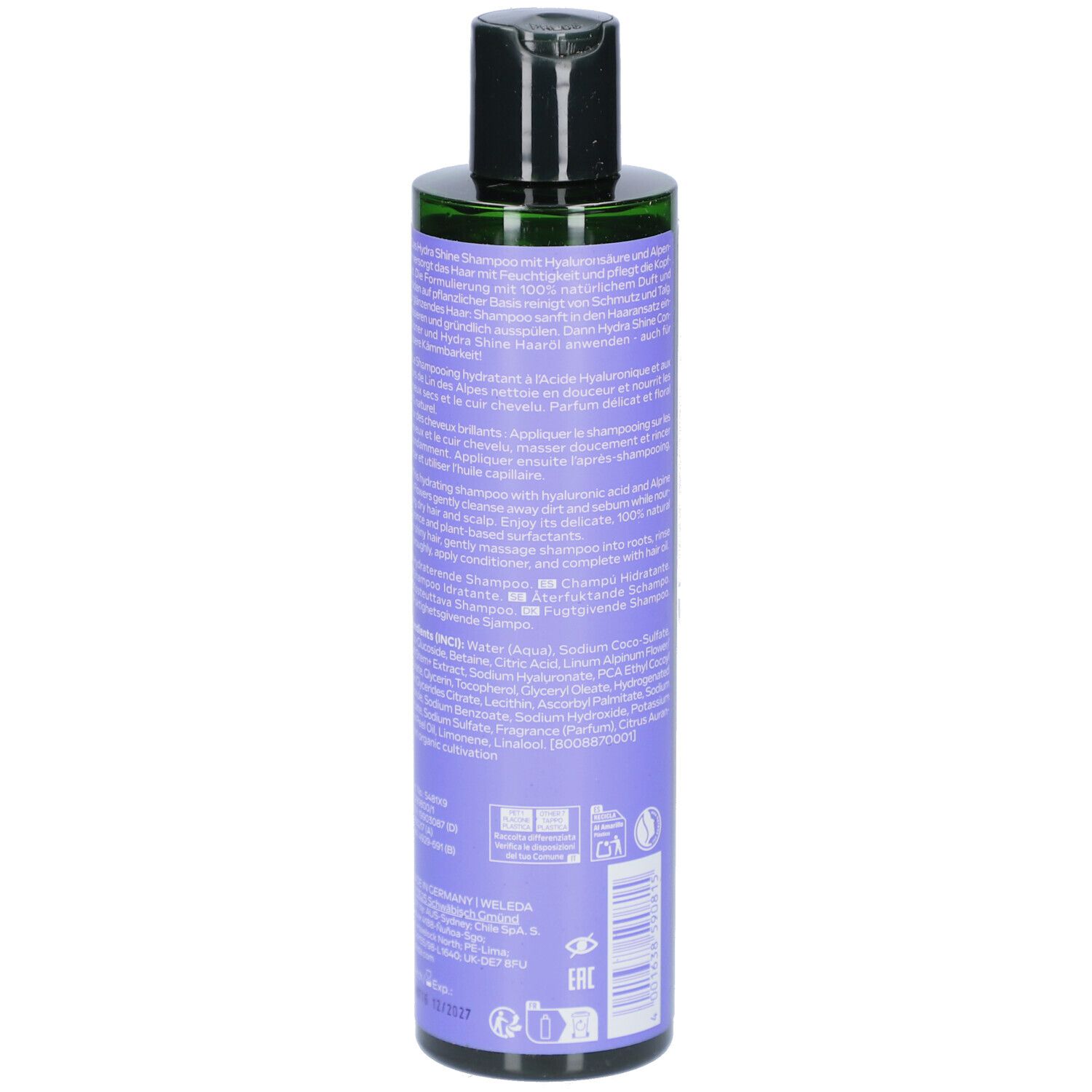 Rückseite der Shampoo-Flasche WELEDA HydraShine. Text auf lila Etikett. Schwarzer Deckel.