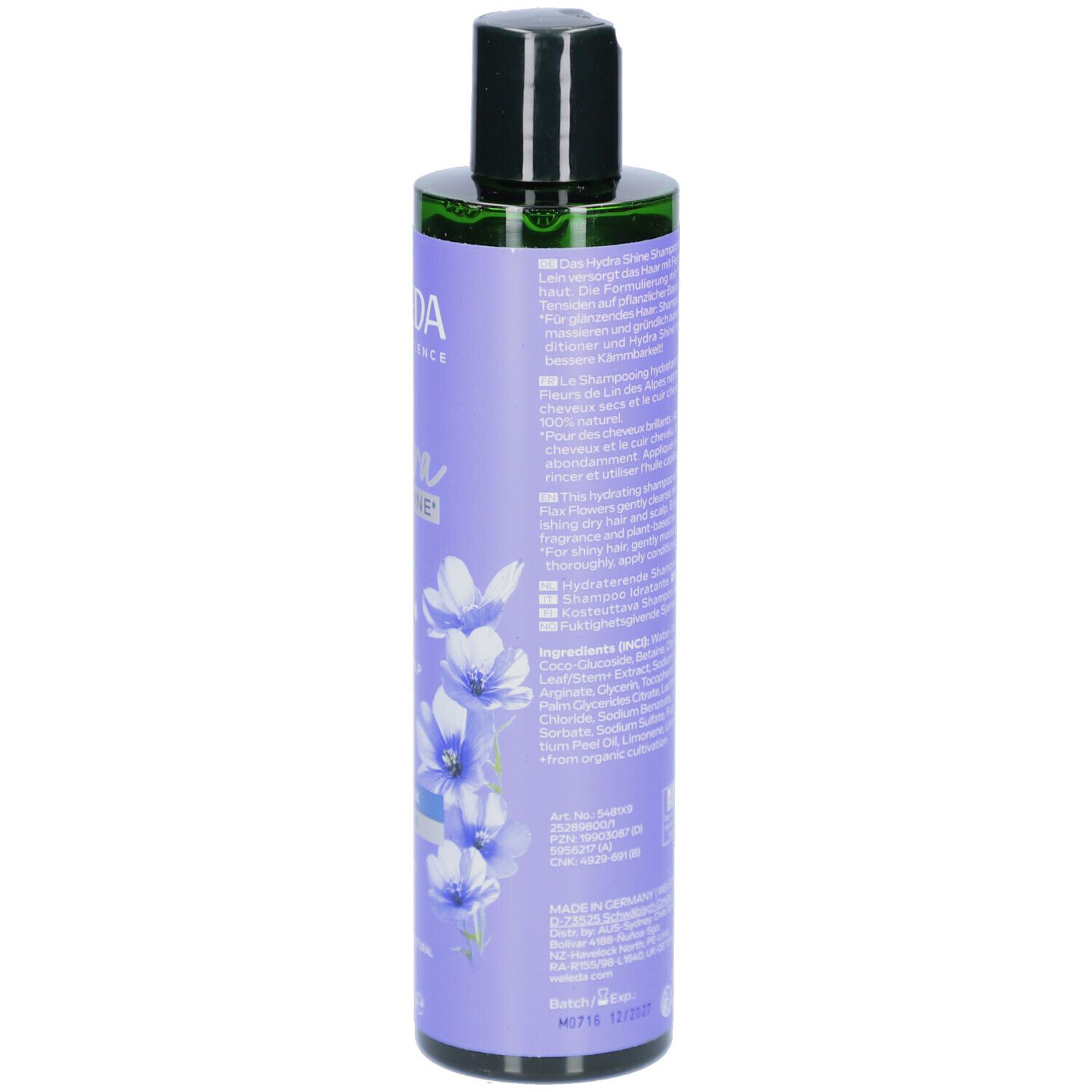 Rückseite der Shampoo-Flasche WELEDA HydraShine. Text auf lila Etikett. Schwarzer Deckel.