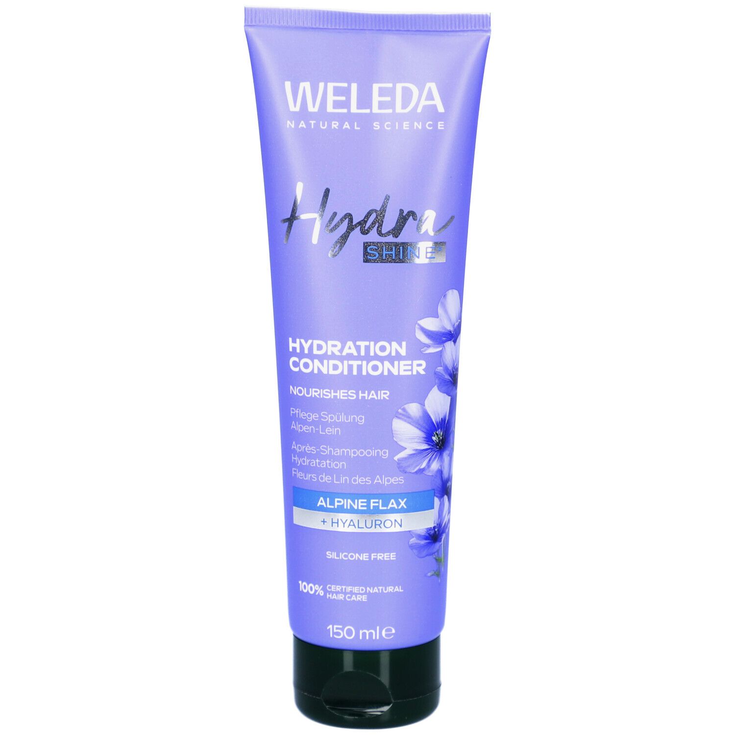 Weleda HydraShine Pflegespülung Alpen-Lein. Lila Tube mit Produktnamen und Blüten-Illustrationen. Enthält Text: Hydration Conditioner.