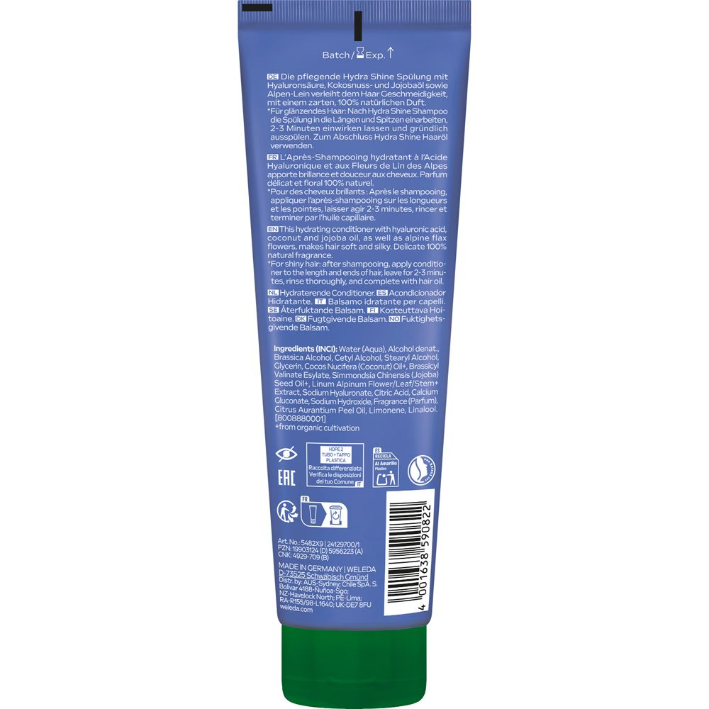 Rückseite der Tube mit Produktinformationen in mehreren Sprachen. Inhaltsstoffe, Anwendungshinweise und Zertifizierungen.