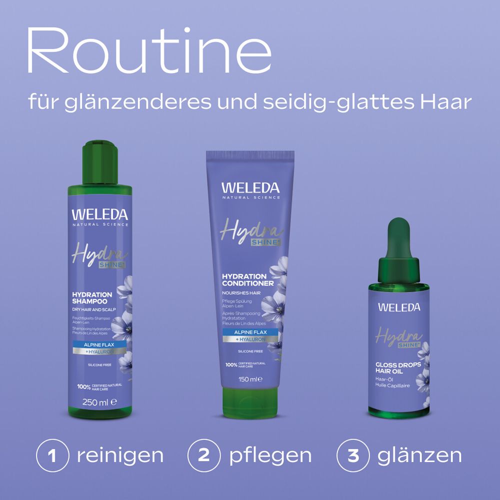 Produktreihe: Shampoo, Spülung und Haaröl. Text: Reinigen, Pflegen, Glänzen. Weleda Hydra Shine Produkte.