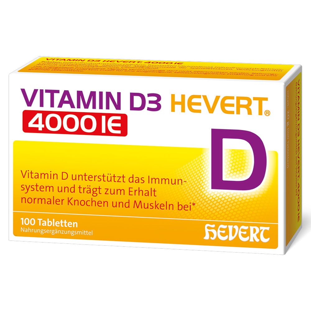 Vitamin D3 Hevert 4000 IE Packung. Gelb-weißes Rechteck mit Produktnamen, D-Buchstabe, 100 Tabletten. Nahrungsergänzungsmittel.