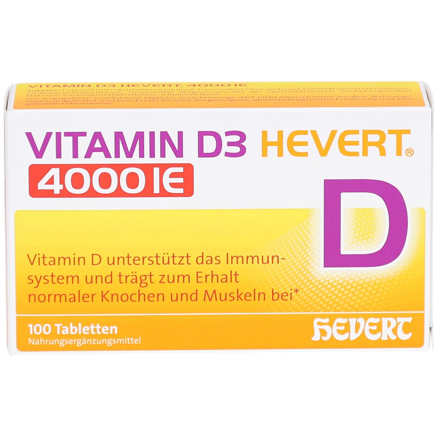 Verpackung von Vitamin D3 Hevert 4000 I.E. Tabletten. Weiße Schachtel mit Produktnamen, Logo und Inhaltsangaben.
