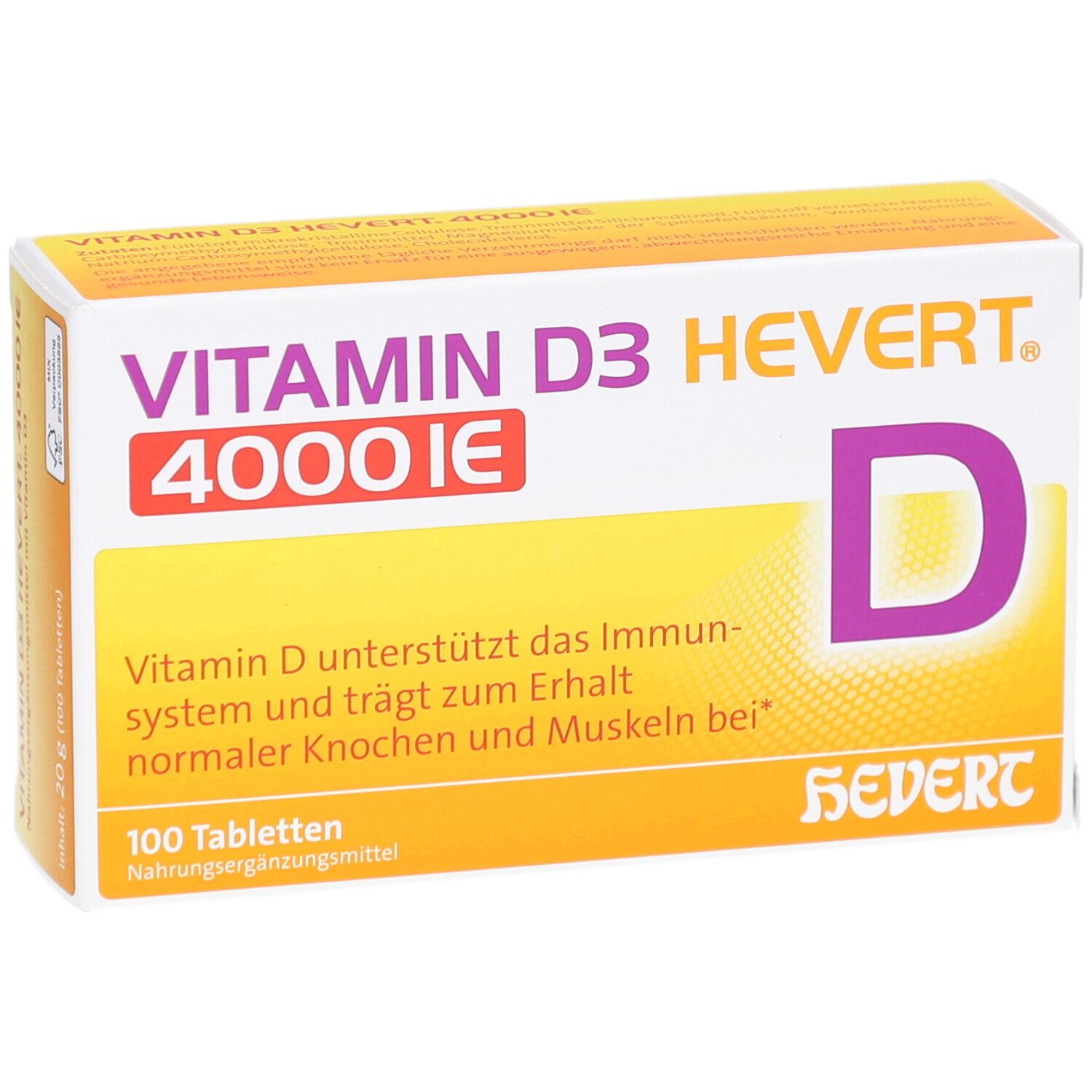 Verpackung von Vitamin D3 Hevert 4000 I.E. Tabletten. Weiße Schachtel mit Produktnamen, Logo und Inhaltsangaben.