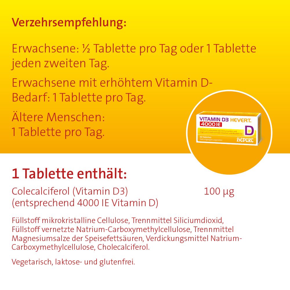 Detailansicht der Packungsbeilage. Dosierungsempfehlung, Inhaltsstoffe, 100 µg Vitamin D3 pro Tablette. Vegetarisch, laktose- und glutenfrei.