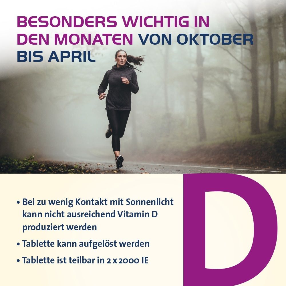 Läuferin im Wald. Text: Vitamin D wichtig von Oktober bis April. Tablette teilbar in 2x 2000 IE.