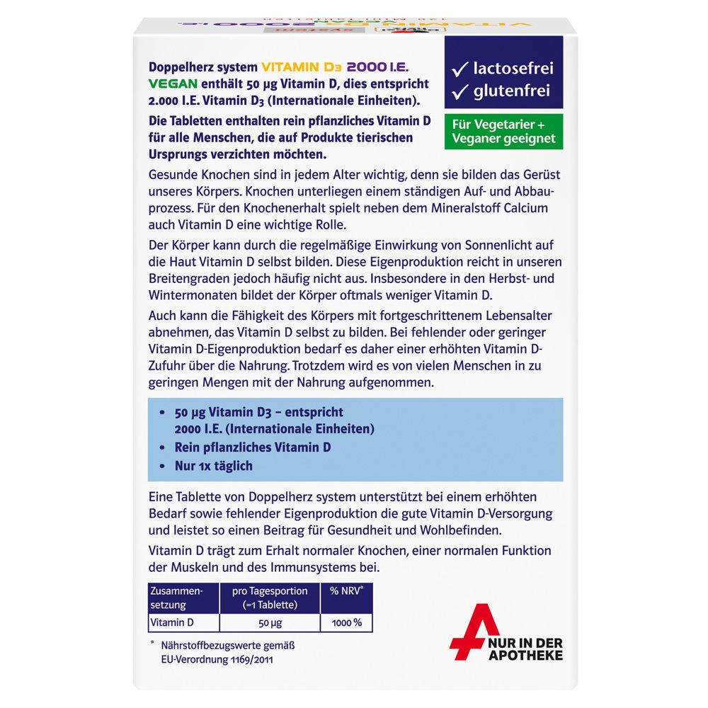 Rückseite der Verpackung von Doppelherz system VITAMIN D3 2000 I.E. VEGAN. Enthält 50 µg Vitamin D3. Frei von Laktose und Gluten.