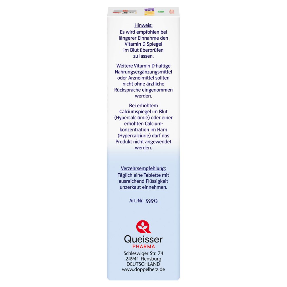 Seitenansicht der Verpackung von Doppelherz system VITAMIN D3 2000 I.E. VEGAN. Hinweise zur Anwendung. Queisser Pharma.