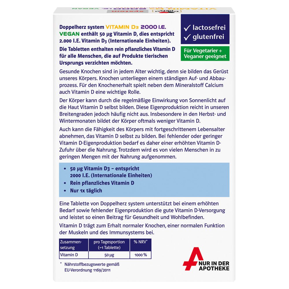 Rückseite der Verpackung von Doppelherz system Vitamin D3 2000 I.E. Vegan. Textinformationen und Logos.