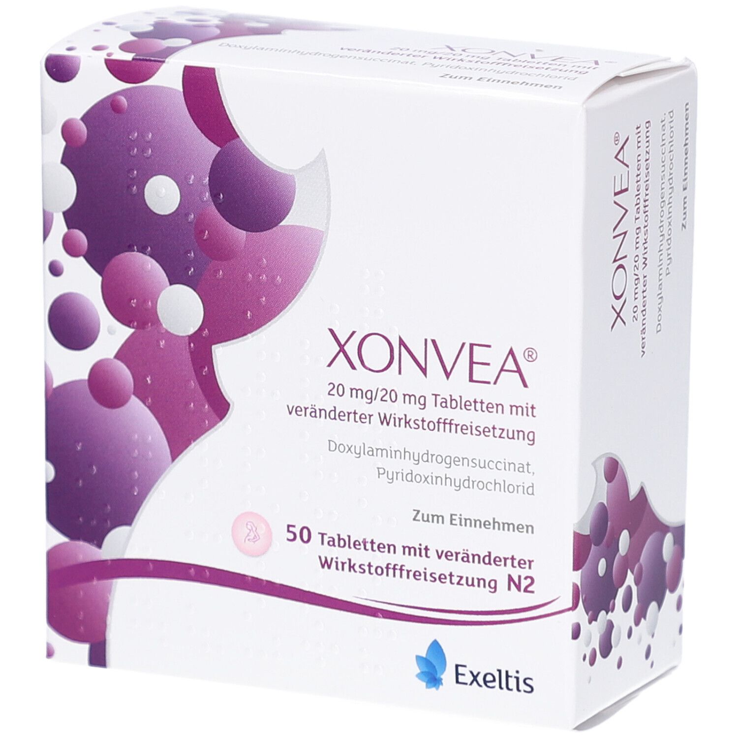 XONVEA-Verpackung. Weiße Schachtel mit lila Design. Text: 20 mg/20 mg Tabletten, 50 Tabletten, Zum Einnehmen. Exeltis-Logo.