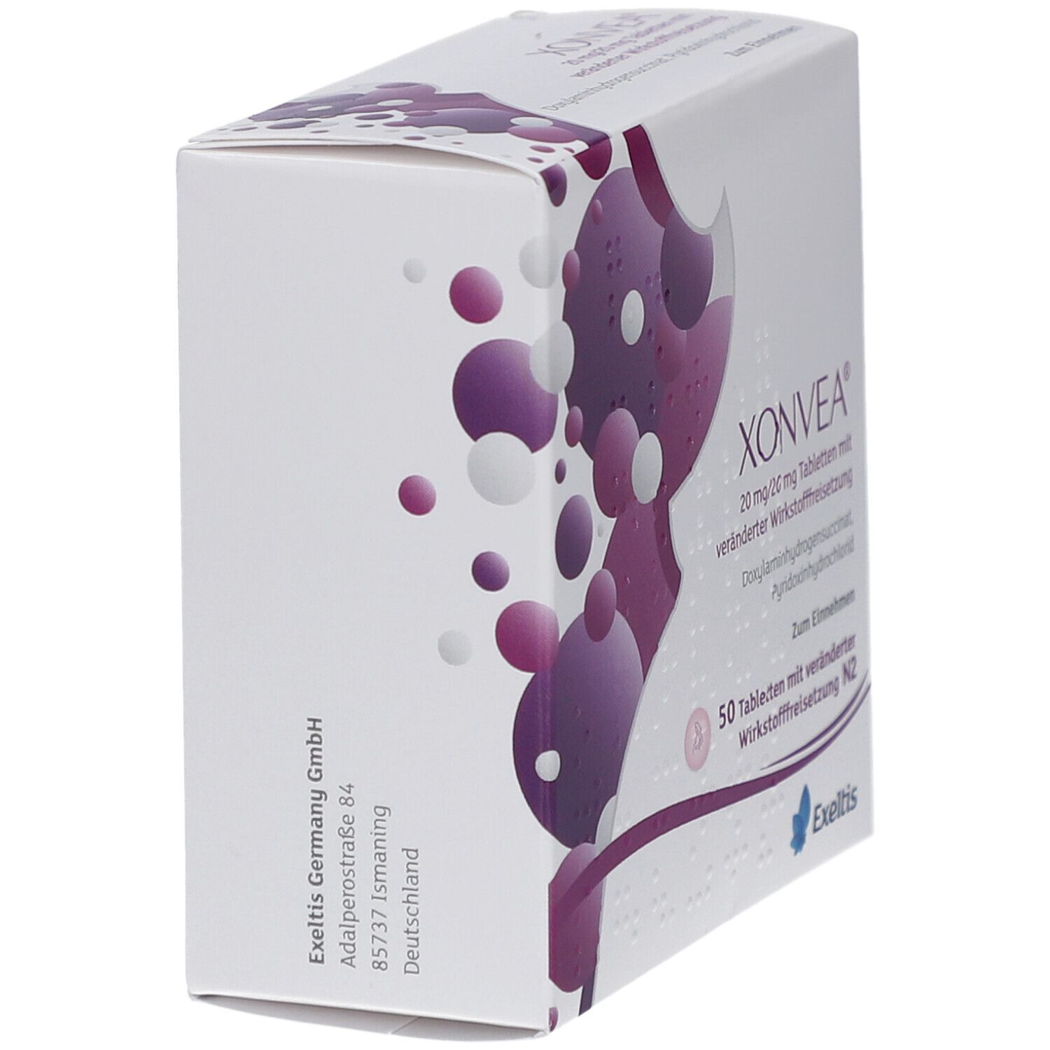 XONVEA-Verpackung, Seitenansicht. Weiße Schachtel mit lila Design. Text: XONVEA, 20 mg/20 mg Tabletten. Exeltis Germany GmbH.