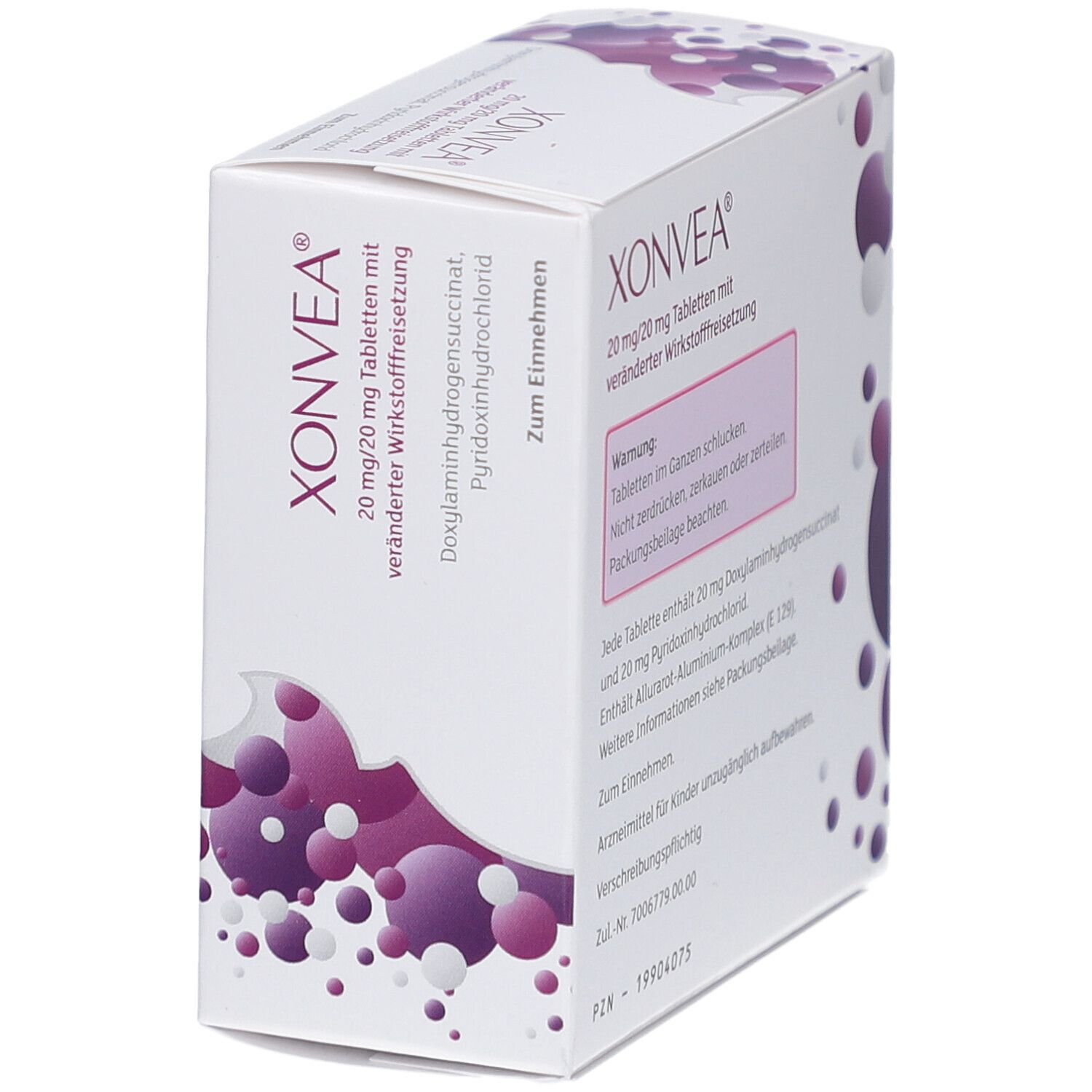 XONVEA-Verpackung, schräge Ansicht. Weiße Schachtel mit Text. Text: XONVEA, 20 mg/20 mg Tabletten. Zum Einnehmen. Warnhinweis.